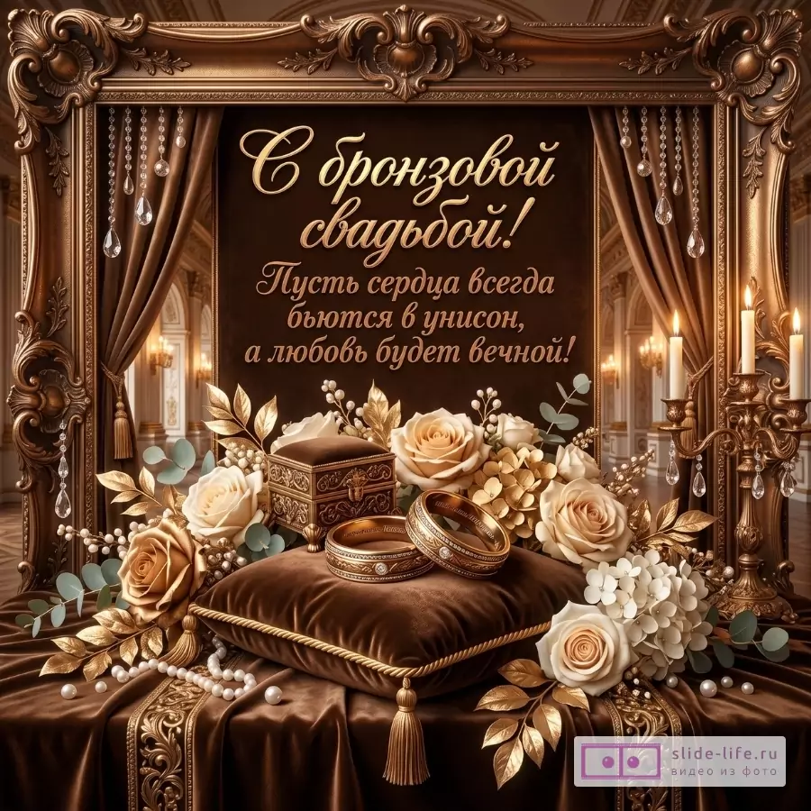 Темно-коричневый и бронзовый фон, роскошная рамка, шторы, свечи, розы, кольца, шкатулка, жемчуг. «С бронзовой свадьбой! Пусть сердца всегда бьются в унисон, а любовь будет вечной!»