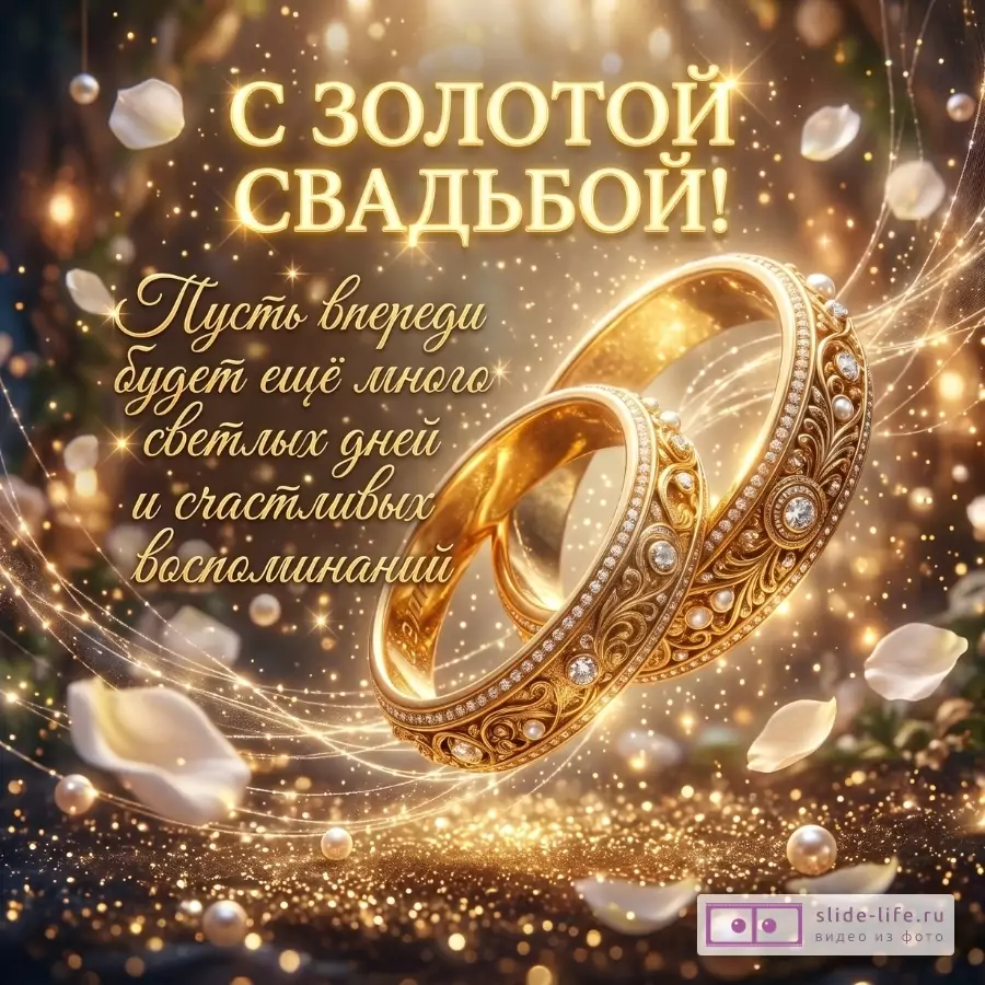 Золотисто-коричневый фон с сиянием, лепестками и двумя золотыми кольцами, текст «С золотой свадьбой! Пусть впереди будет ещё много светлых дней и счастливых воспоминаний».