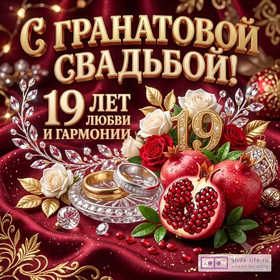 Бордовый фон с золотым узором и огнями, белые и красные розы, гранаты, кольца, кристаллы и цифра 19. Текст: «С ГРАНАТОВОЙ СВАДЬБОЙ! 19 ЛЕТ ЛЮБВИ И ГАРМОНИИ»