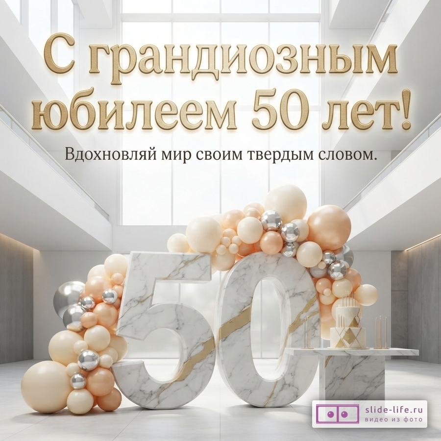 Белый фон, большие окна, золотые буквы, текст «С грандиозным юбилеем 50 лет! Вдохновляй мир своим твердым словом.», цифры 50 из мрамора с золотыми прожилками, арка из шаров бежевого, персикового и серебряного цвета, белый торт на мраморном столе.