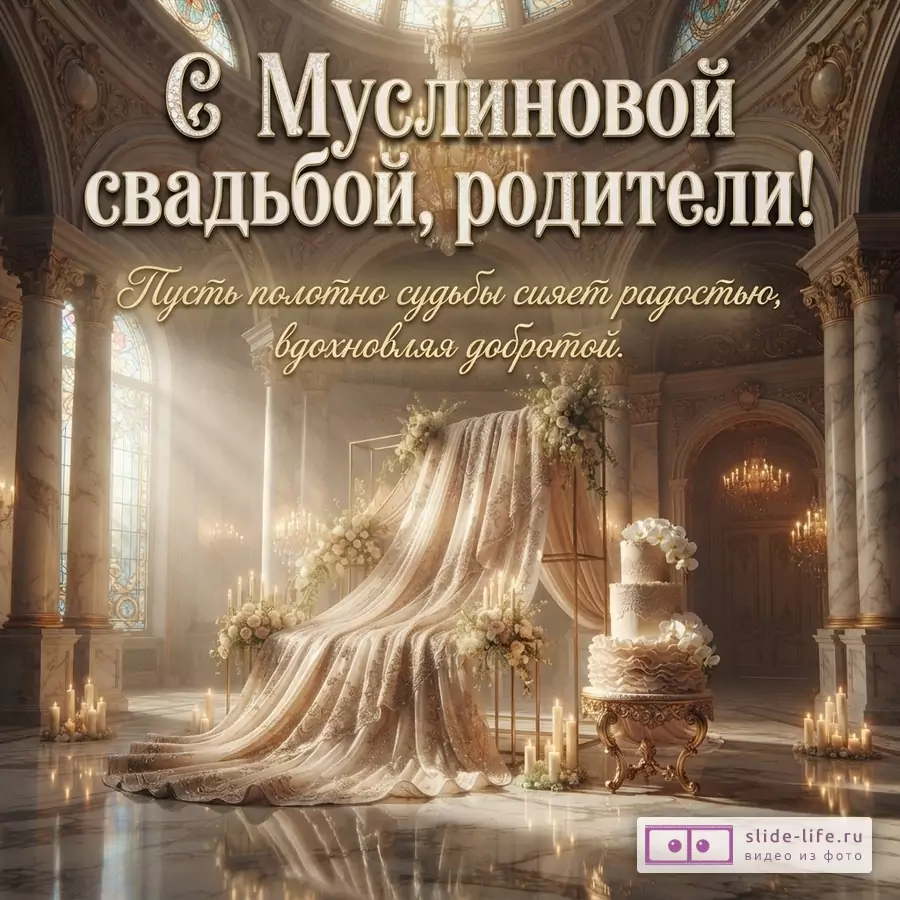 Открытка с бежевым фоном, на котором изображен роскошный интерьер с колоннами и окнами. В центре композиции – драпировка из светлой ткани, украшенная цветами, и многоярусный торт. Текст: «С Муслиновой свадьбой, родители! Пусть полотно судьбы сияет радостью, вдохновляя добротой.»