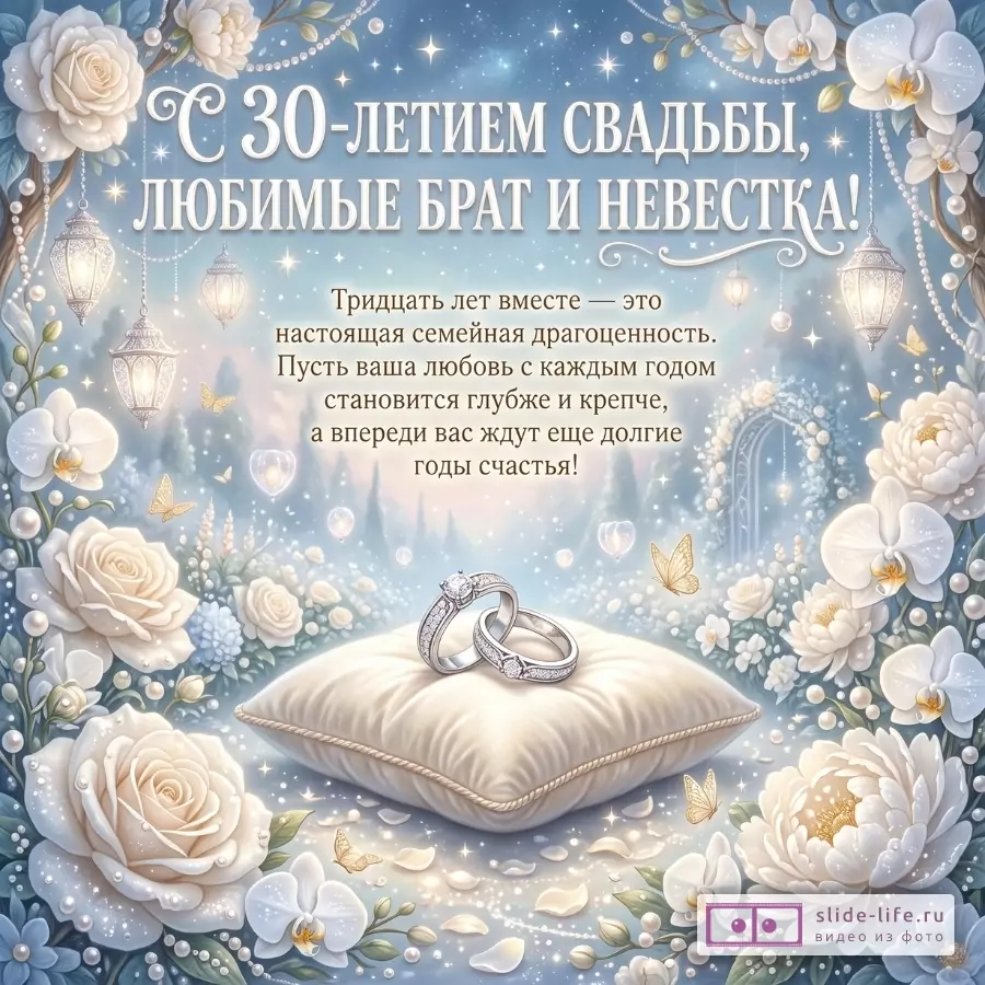 Поздравительная открытка в голубо-белых тонах с розами, орхидеями, жемчужными гирляндами, свечением и двумя кольцами на подушке. Текст: «С 30-летием свадьбы, любимые брат и невестка!»