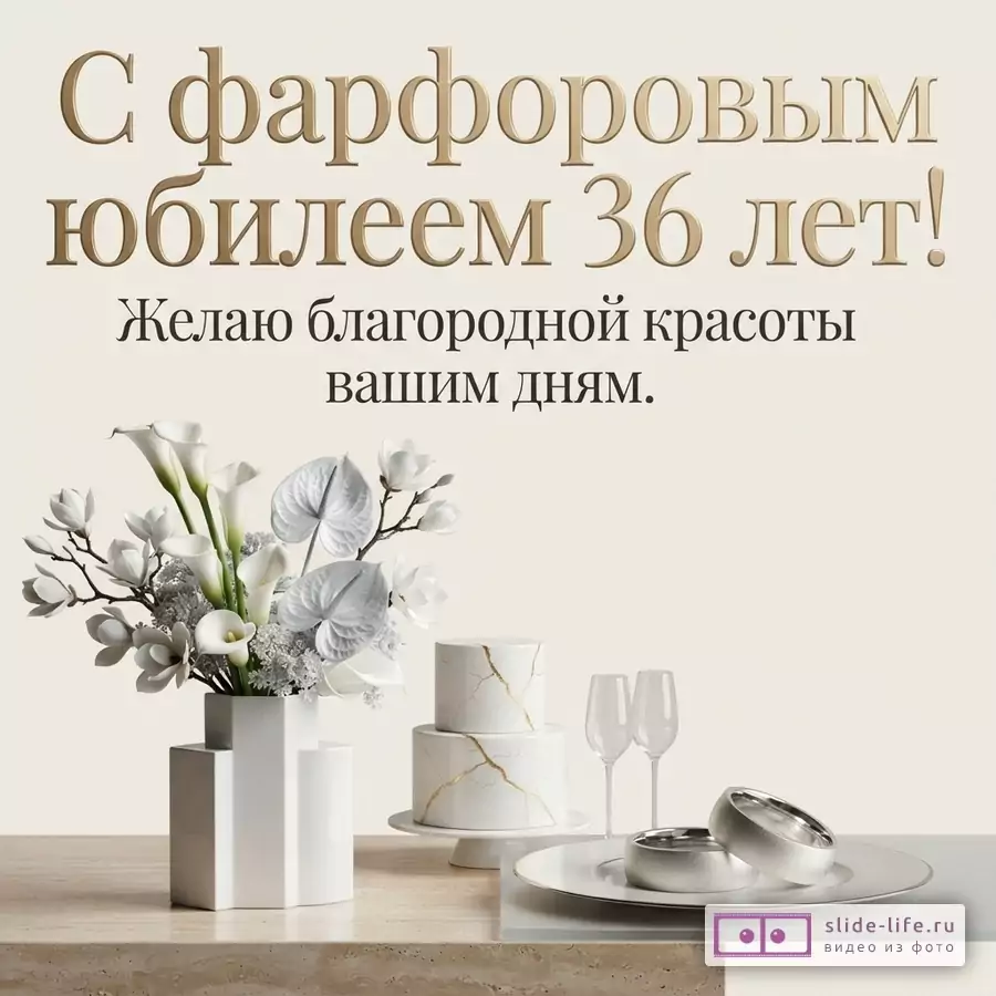 Бежевый фон, золотой текст, белые цветы в вазе, двухъярусный торт, два бокала, два кольца на тарелке. Текст: «С фарфоровым юбилеем 36 лет! Желаю благородной красоты вашим дням.»