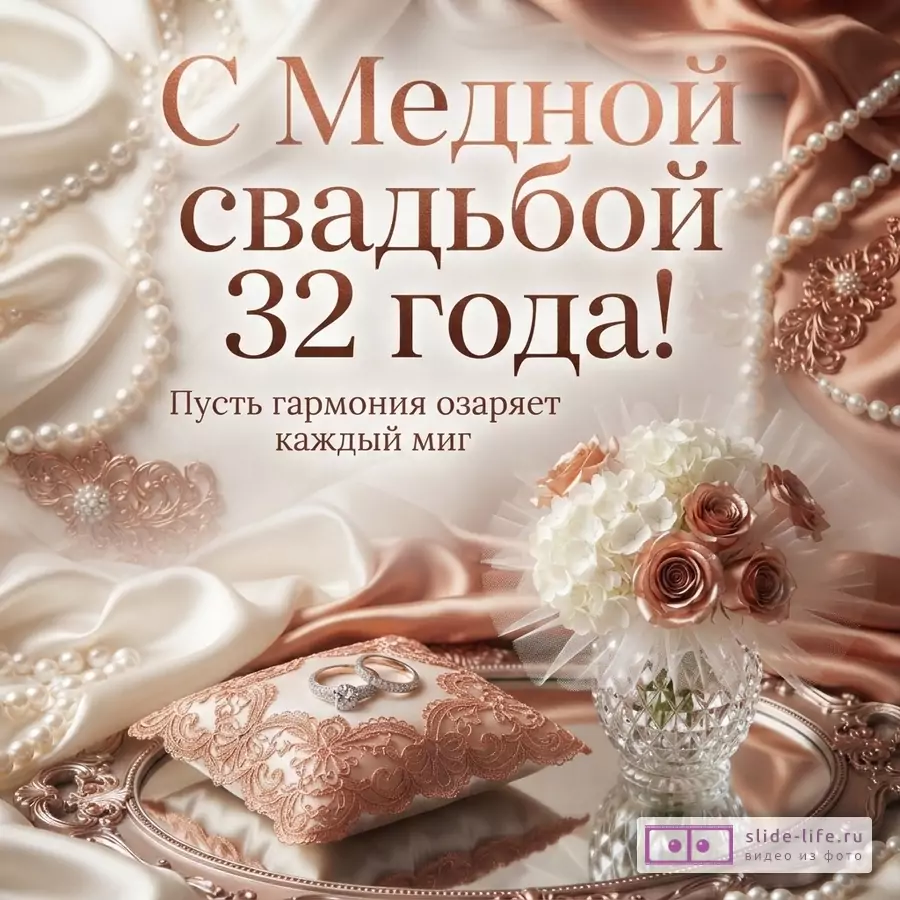Фон из бежевого и персикового атласа, жемчужные бусы, броши. Текст: «С Медной свадьбой 32 года! Пусть гармония озаряет каждый миг». Подушечка с кружевом, два кольца, букет цветов в вазе на зеркальном подносе.