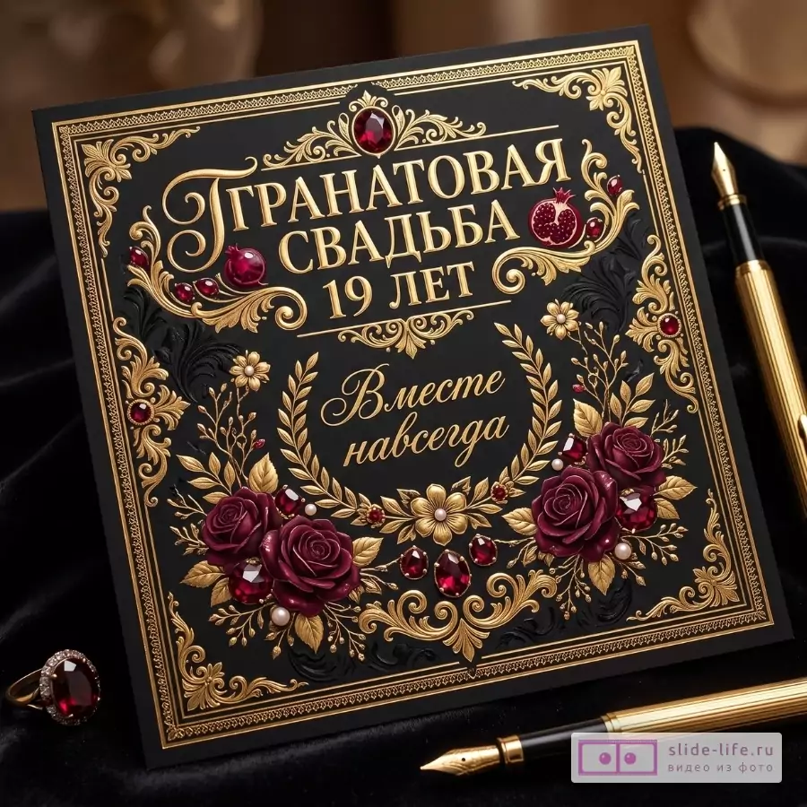 Черный фон, золотая орнаментальная открытка с бордовыми розами и гранатовыми камнями, текст «ГРАНАТОВАЯ СВАДЬБА 19 ЛЕТ» и «Вместе навсегда»