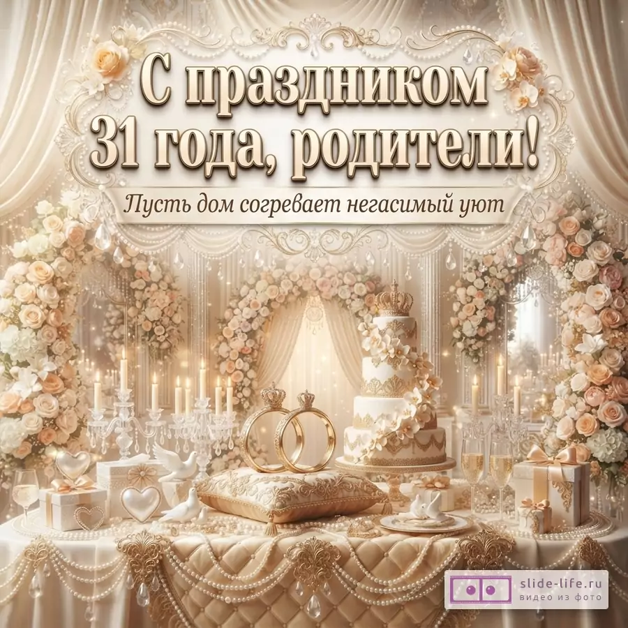 Бежево-золотая свадебная композиция с цветочными арками, тортом, кольцами, свечами и подарками. Текст «С праздником 31 года, родители! Пусть дом согревает негасимый уют.»