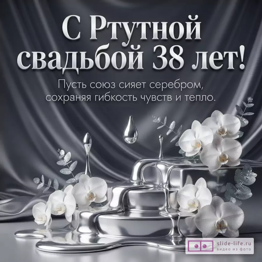 Открытка с серым фоном, серебристыми элементами, белыми орхидеями. Текст: «С Ртутной свадьбой 38 лет! Пусть союз сияет серебром, сохраняя гибкость чувств и тепло.»