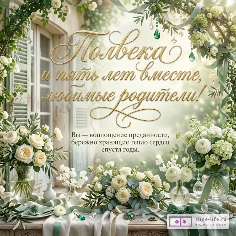 Открытка с белыми розами, зелеными лентами, изумрудными подвесками, стеклянными вазами, светлым фоном и золотым текстом «Полвека и пять лет вместе, любимые родители! Вы — воплощение преданности, бережно хранящие тепло сердец спустя годы.»
