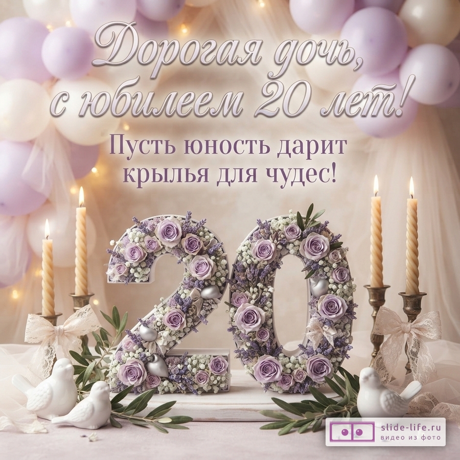 Объемная цифра 20 из сиреневых роз, свечи, фигурки птиц, воздушные шары и надпись «Дорогая дочь, с юбилеем 20 лет! Пусть юность дарит крылья для чудес!»