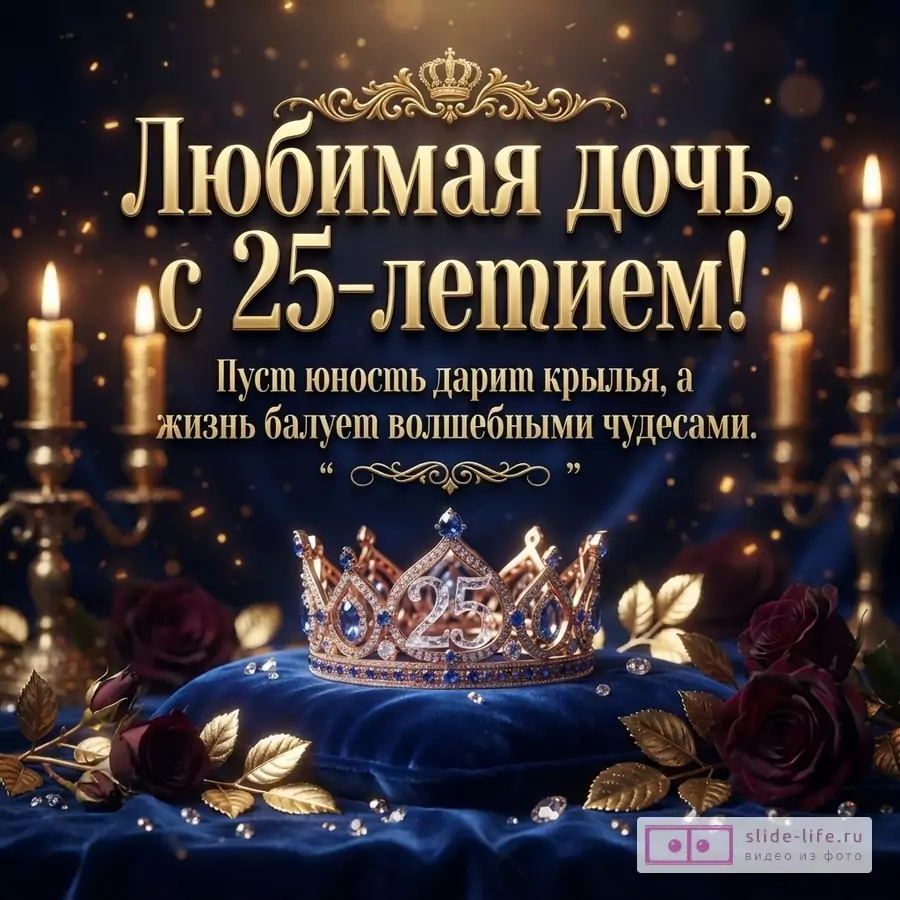 Темно-синий фон, золотые свечи, корона, розы и декоративные элементы. Текст: «Любимая дочь, с 25-летием! Пусть юность дарит крылья, а жизнь балует волшебными чудесами».