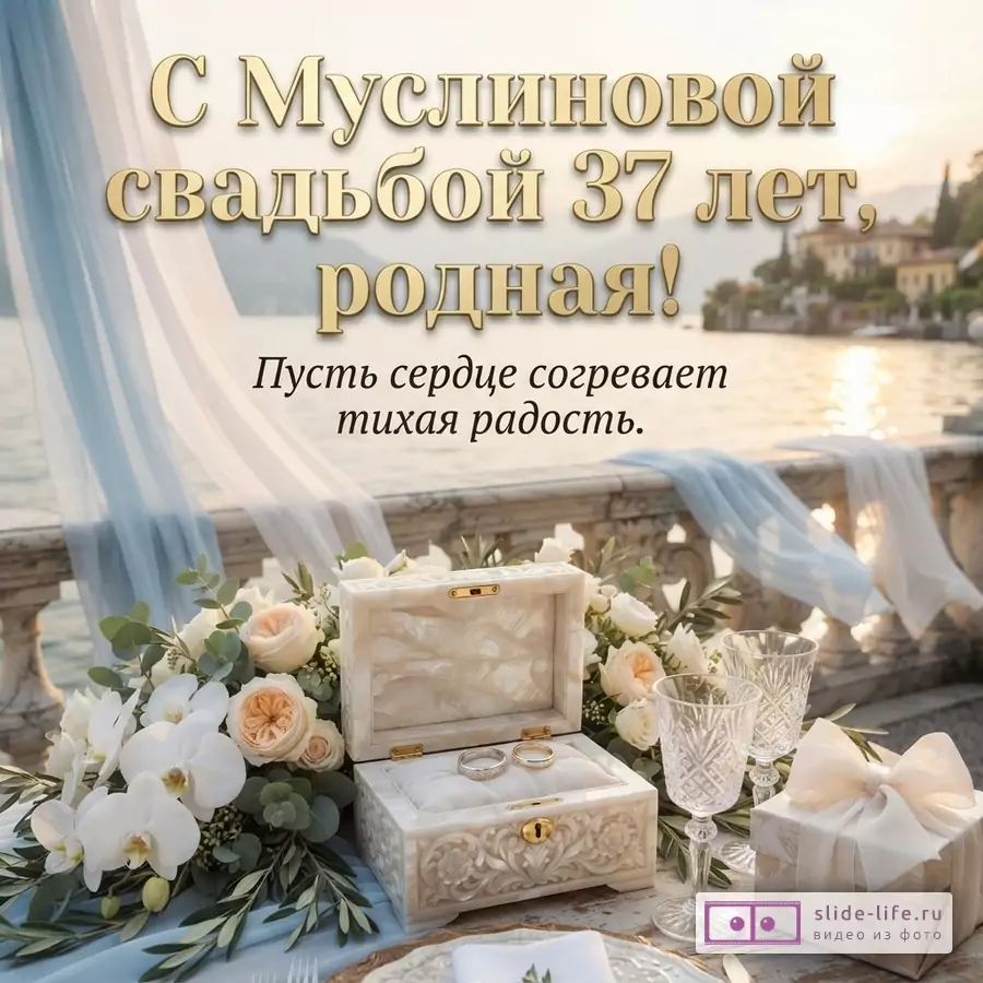 Фон с видом на озеро и горы на закате, на переднем плане стол с цветами, шкатулкой для колец, бокалами и подарком. Текст: «С Муслиновой свадьбой 37 лет, родная! Пусть сердце согревает тихая радость.»