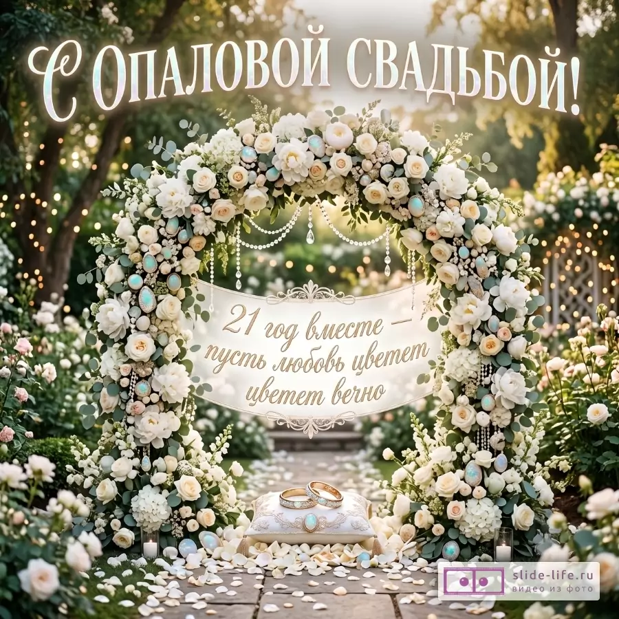 Садовый фон в зелено-бежевых тонах, арка с белыми розами и опаловыми камнями, кольца на подушечке, текст «С опаловой свадьбой!» и «21 год вместе — пусть любовь цветет цветом верно»