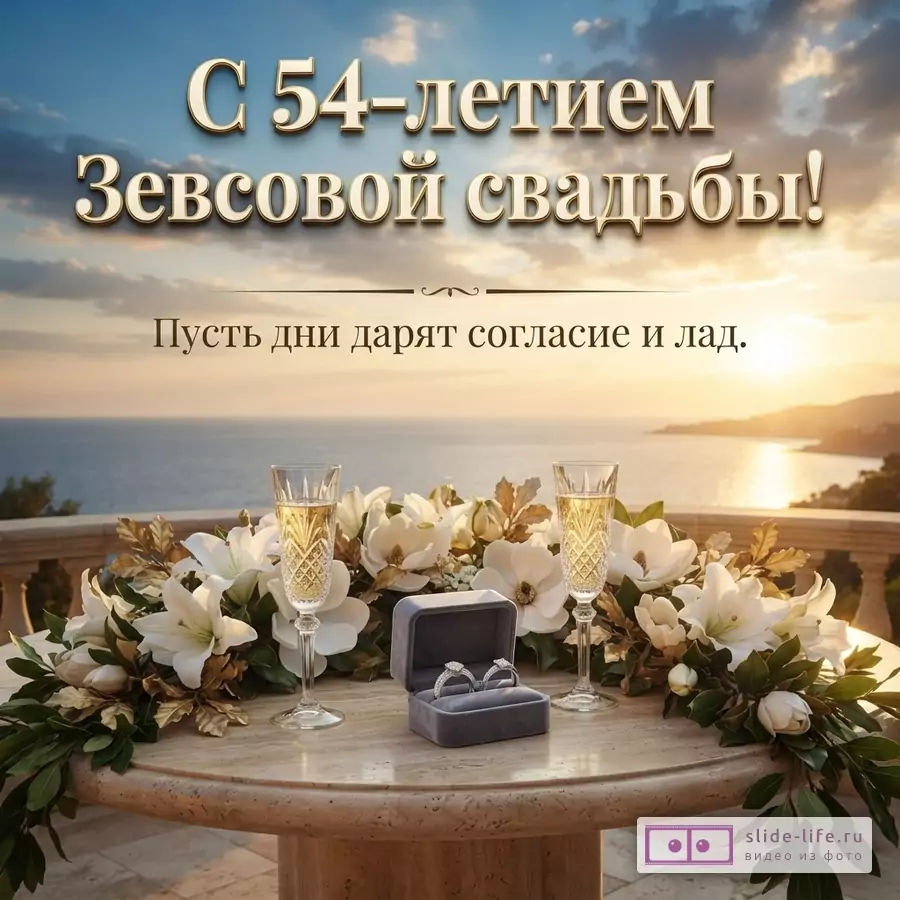 Небо с облаками и морской горизонт на фоне, сверху золотистый текст «С 54-летием Зевсовой свадьбы!», ниже фраза «Пусть дни дарят согласие и лад.». Внизу стол с цветочной композицией, двумя бокалами и коробочкой с кольцами.