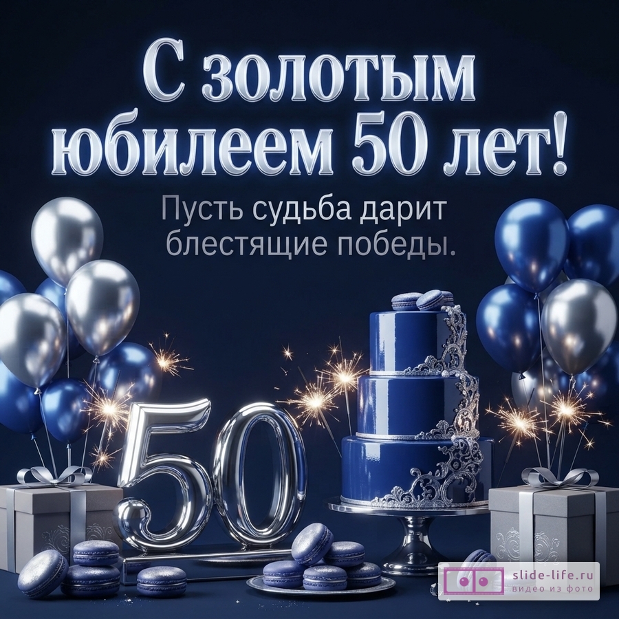Темно-синий фон, серебряные шары, синие шары, синий торт, серебряные цифры 50, подарки, макаруны, бенгальские огни. Текст: «С золотым юбилеем 50 лет! Пусть судьба дарит блестящие победы.»