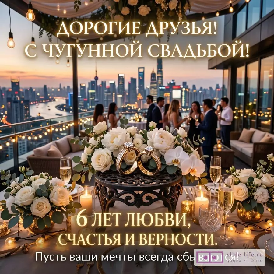 Дорогим друзьям с чугунной свадьбой — красивая открытка на 6 годовщину свадьбы с пожеланиями счастья