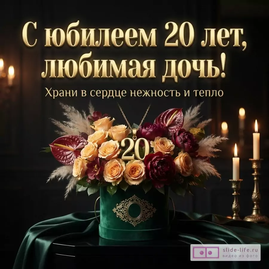 Букет роз и пионов в изумрудной коробке со свечами и надписью «С юбилеем 20 лет, любимая дочь! Храни в сердце нежность и тепло».