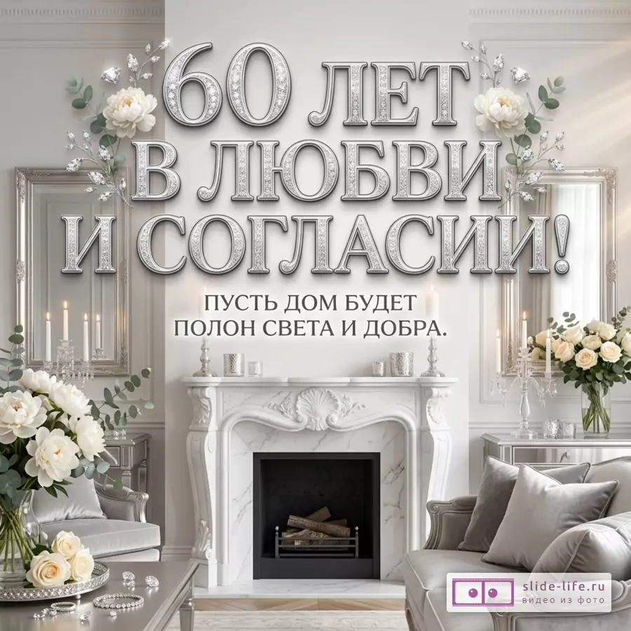 Светлый интерьер гостиной с белым камином, зеркалами, свечами, белыми цветами и серебристыми декоративными ветвями, крупная надпись «60 ЛЕТ В ЛЮБВИ И СОГЛАСИИ! ПУСТЬ ДОМ БУДЕТ ПОЛОН СВЕТА И ДОБРА.»