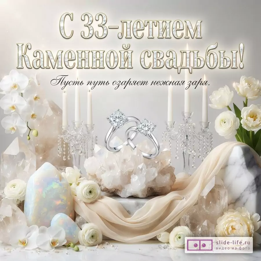 Светлый фон, бежевые и белые цветы, кристаллы, свечи, два кольца. Текст: «С 33-летием Каменной свадьбы! Пусть путь озаряет нежная заря.»