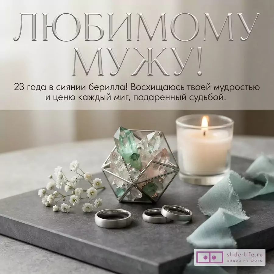 Серая открытка с зелёными кристаллами берилла, свечой, кольцами и лентой. Текст: «Мужу: 23 года в сиянии берилла! Восхищаюсь твоей мудростью и ценю каждый миг, подаренный судьбой.»
