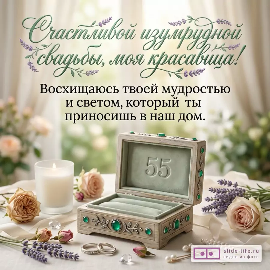 Открытка с текстом «Счастливой изумрудной свадьбы, моя красавица! Восхищаюсь твоей мудростью и светом, который ты приносишь в наш дом.» светлый бежево-кремовый фон, шкатулка с числом 55, кольца, свеча, розы, лаванда, жемчуг