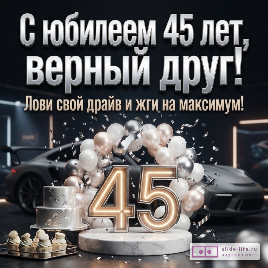 Темный фон, серебристые буквы, текст «С юбилеем 45 лет, верный друг! Лови свой драйв и жги на максимум!», цифры 45 с подсветкой, шары, торт, капкейки, конфетти, спортивный автомобиль на заднем плане.