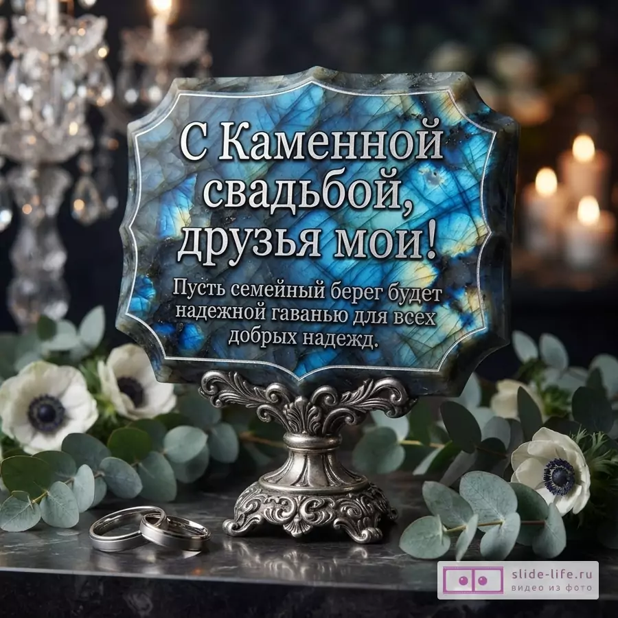 Темно-синий фон, сверху текст белого цвета «С Каменной свадьбой, друзья мои! Пусть семейный берег будет надежной гаванью для всех добрых надежд.». В центре на подставке табличка с сине-зеленым узором и текстом «С КАМЕННОЙ СВАДЬБОЙ, ДРУЗЬЯ МОИ!». Справа внизу два обручальных кольца и белые цветы.
