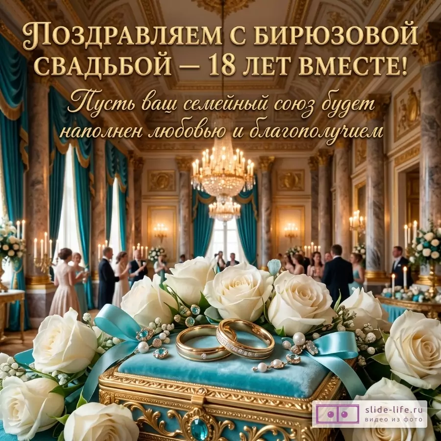 Теплый золотой зал с бирюзовыми шторами, белыми розами и кольцами на бархатной коробке. Текст «Поздравляем с бирюзовой свадьбой — 18 лет вместе! Пусть ваш семейный союз будет наполнен любовью и благополучием»