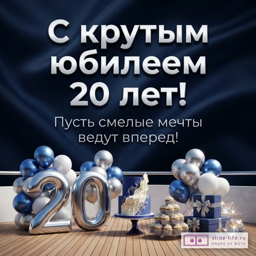 Темно-синий фон, серебряные буквы. Текст: «С крутым юбилеем 20 лет! Пусть смелые мечты ведут вперед!». Внизу композиция из шаров, торта, капкейков, подарков и цифр «20».