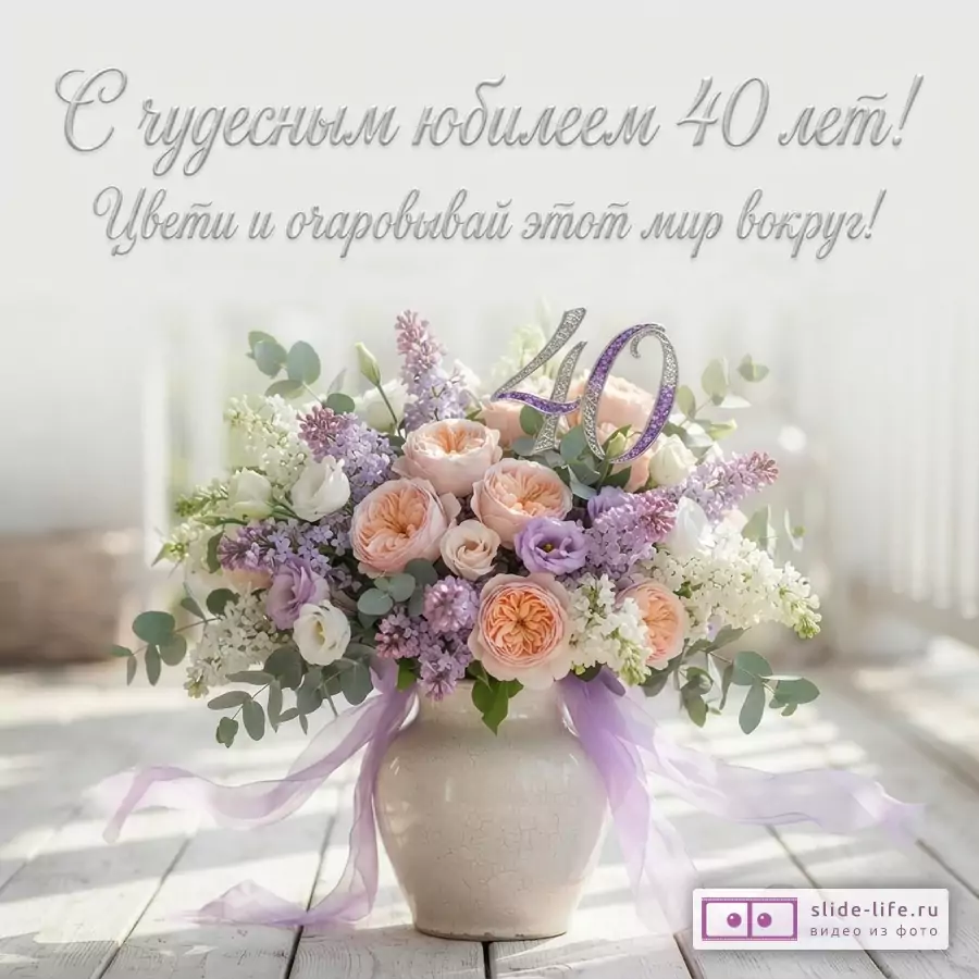 Белый фон, букет из персиковых, белых и сиреневых цветов в белой вазе, сиреневые ленты, топпер «40». Текст: «С чудесным юбилеем 40 лет! Цвети и очаровывай этот мир вокруг!»