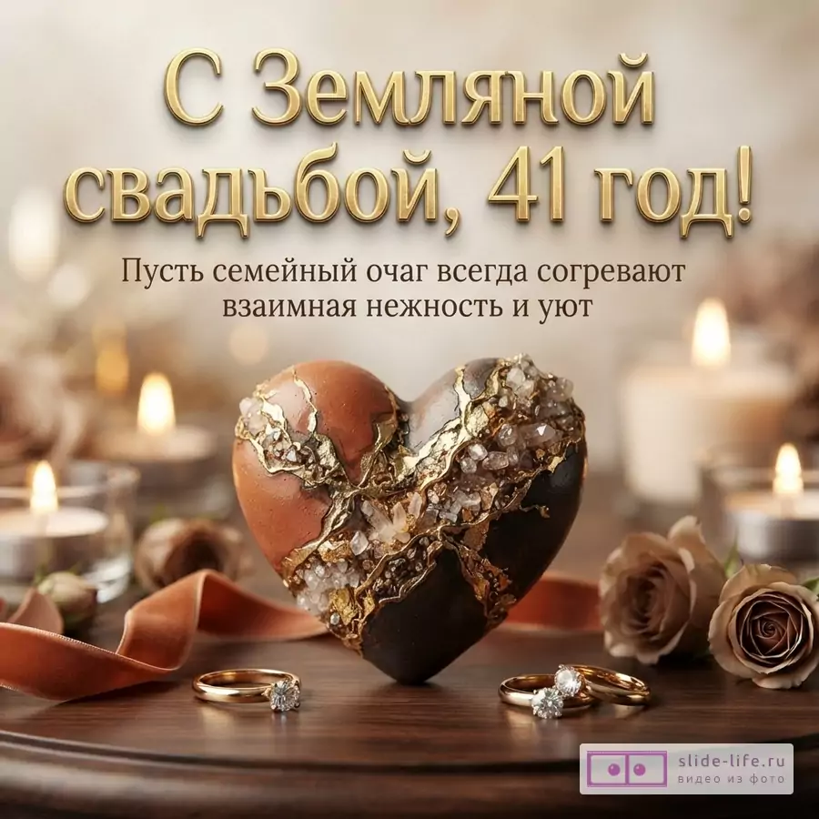 Бежевый фон, золотые буквы, коричневое сердце с кристаллами, свечи, кольца. «С Земляной свадьбой, 41 год! Пусть семейный очаг всегда согревают взаимная нежность и уют»