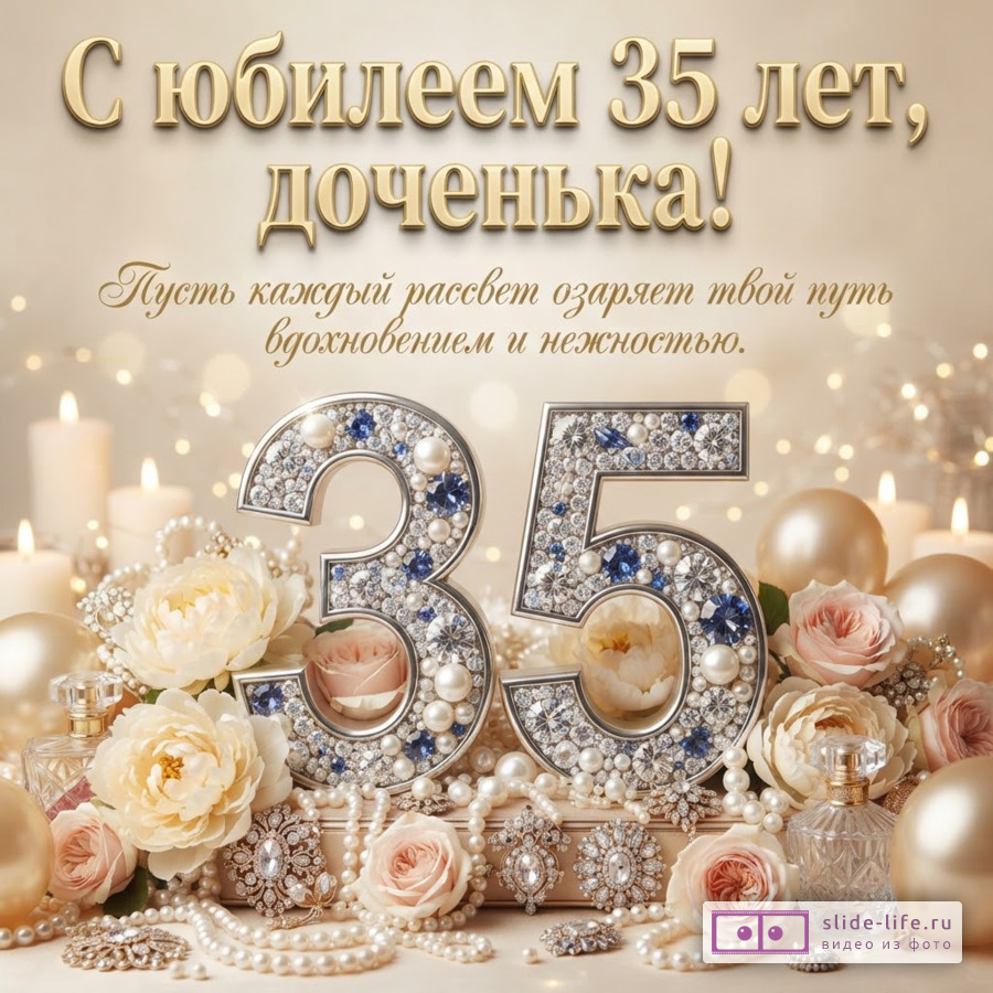 Инкрустированная жемчугом и камнями цифра 35 среди роз, свечей и бус с надписью «С юбилеем 35 лет, доченька! Пусть каждый рассвет озаряет твой путь вдохновением и нежностью.»