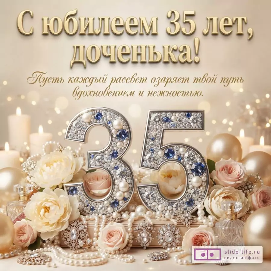 Инкрустированная жемчугом и камнями цифра 35 среди роз, свечей и бус с надписью «С юбилеем 35 лет, доченька! Пусть каждый рассвет озаряет твой путь вдохновением и нежностью.»