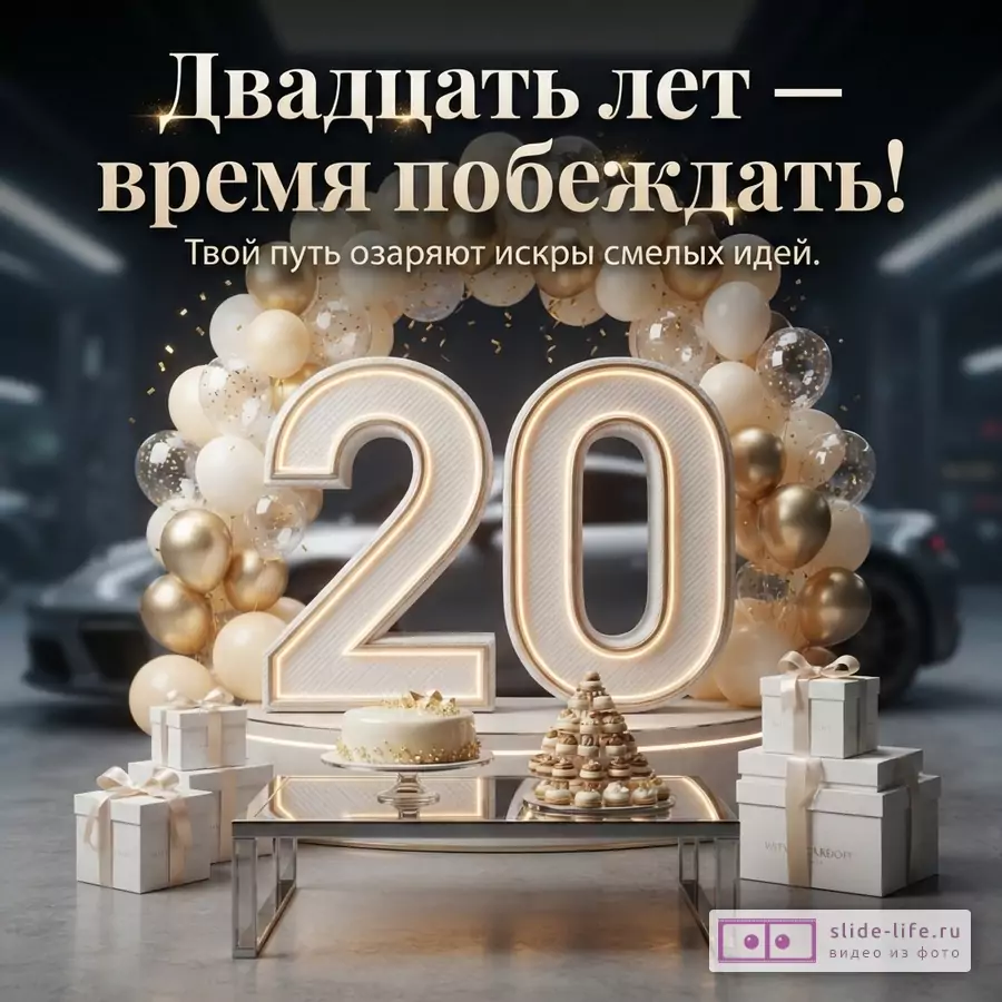 Большая светящаяся цифра 20 в арке из золотистых и белых шаров, торт, подарки и надпись «Двадцать лет — время побеждать! Твой путь озаряют искры смелых идей.»