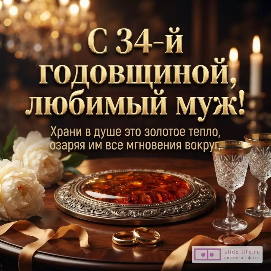 Фон размытый, коричневый. В центре золотой текст «С 34-й годовщиной, любимый муж! Храни в душе это золотое тепло, озаряя им все мгновения вокруг.». Внизу столик с янтарным блюдом, кольцами, лентой, цветами и бокалами.