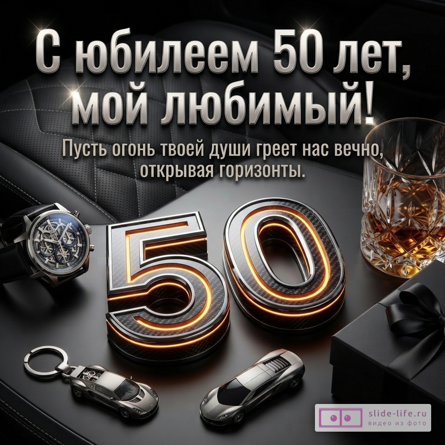 Черный фон, кожаное сиденье, часы, стакан виски, цифры 50 с подсветкой, брелок-машинка, модель машинки, черная подарочная коробка. Текст: «С юбилеем 50 лет, мой любимый! Пусть огонь твоей души греет нас вечно, открывая горизонты.»