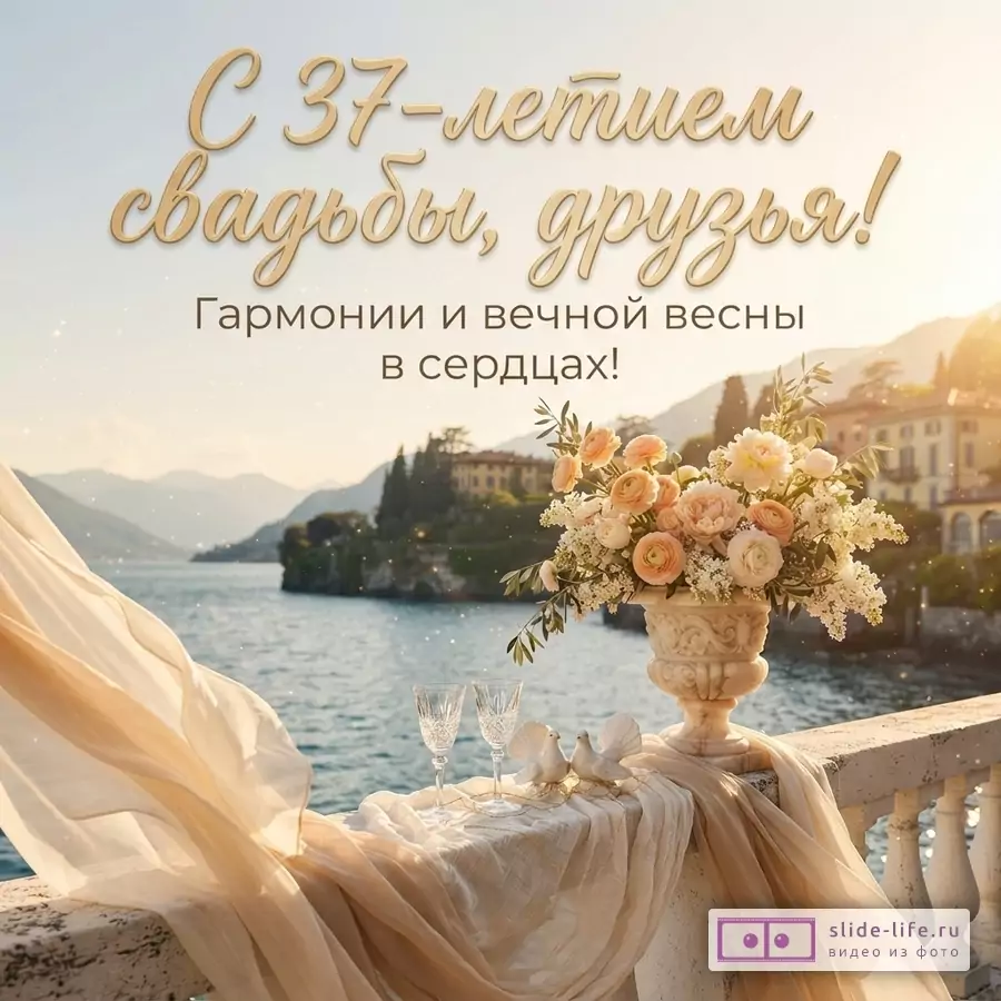 Светлый фон, озеро, горы, балкон с цветами и бокалами. Текст: «С 37-летием свадьбы, друзья! Гармонии и вечной весны в сердцах!»