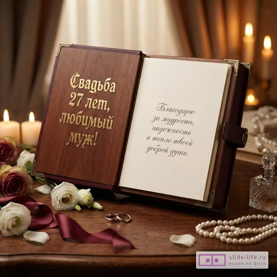 Открытая деревянная книга с золотыми буквами на обложке и странице, фон коричневый, свечи, цветы, кольца, бусы. Текст на обложке: «Свадьба 27 лет, любимый муж!». Текст на странице: «Благодарю за мудрость, надежность и тепло твоей доброй души.»