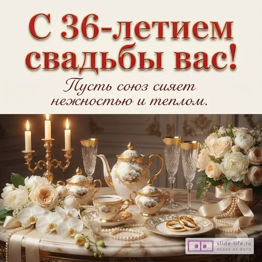 Открытка с бежевым фоном, сверху красный текст, снизу сервированный стол с белым фарфоровым сервизом с золотым узором, свечами, бокалами, цветами и обручальными кольцами. Текст: «С 36-летием свадьбы вас! Пусть союз сияет нежностью и теплом.»