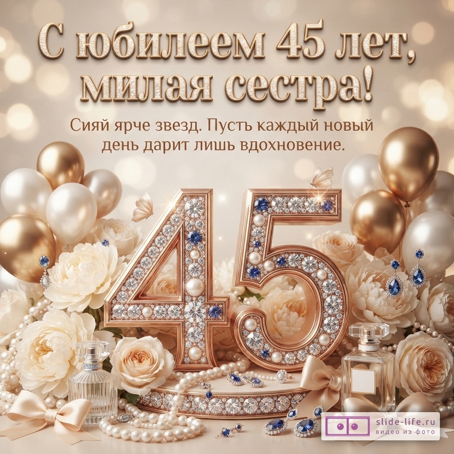 Фон бежевый с боке, золотые шары, белые розы, цифры «45» из золота с бриллиантами и сапфирами, жемчуг, духи. Текст: «С юбилеем 45 лет, милая сестра! Сияй ярче звезд. Пусть каждый новый день дарит лишь вдохновение.»