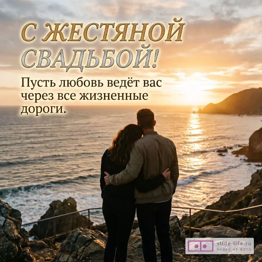 Золотисто-серый закат над морем, тёмные скалы, пара в обнимку. Текст «С ЖЕСТЯНОЙ СВАДЬБОЙ! Пусть любовь ведёт вас через все жизненные дороги.»