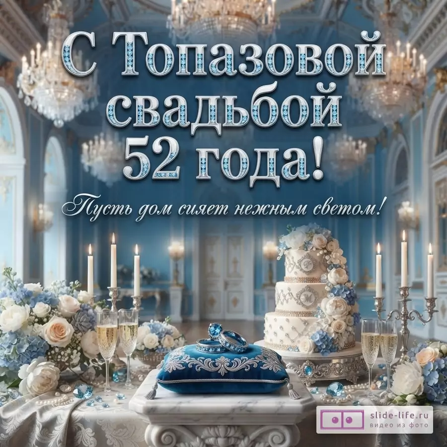 Открытка с голубым фоном, на котором изображен интерьер роскошного зала с люстрами. На переднем плане стол с белой скатертью, на нем свадебный торт, цветы, свечи, бокалы с шампанским и подушечка с кольцами. Текст: «С Топазовой свадьбой 52 года! Пусть дом сияет нежным светом!»