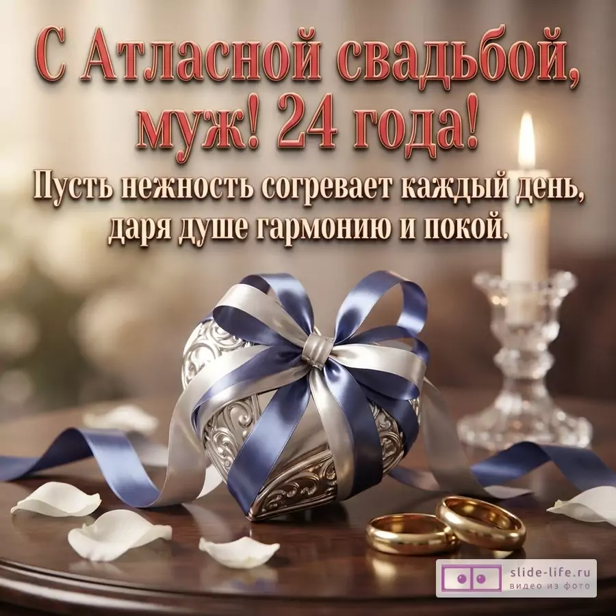 Серебряное сердце с атласным бантом, золотые кольца и свеча со словами «С Атласной свадьбой, муж! 24 года! Пусть нежность согревает каждый день, даря душе гармонию и покой.»