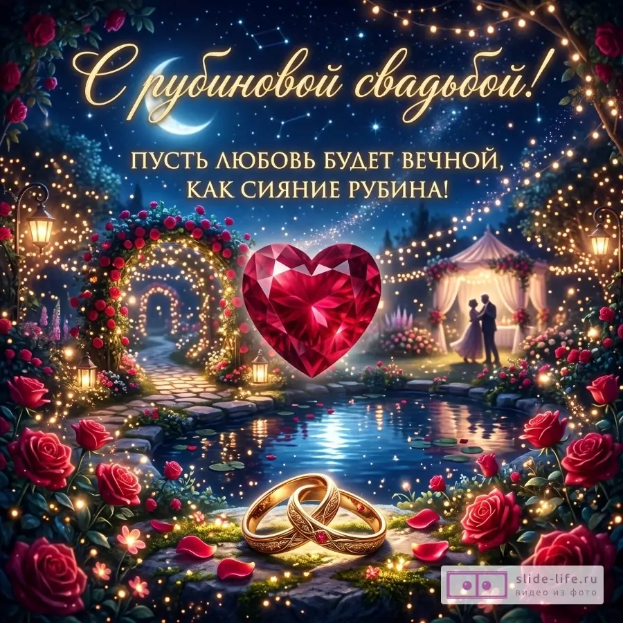 Тёмно-синий ночной фон, розы, огни, рубиновое сердце и золотые кольца. Текст: «С рубиновой свадьбой!», «ПУСТЬ ЛЮБОВЬ БУДЕТ ВЕЧНОЙ, КАК СИЯНИЕ РУБИНА!»