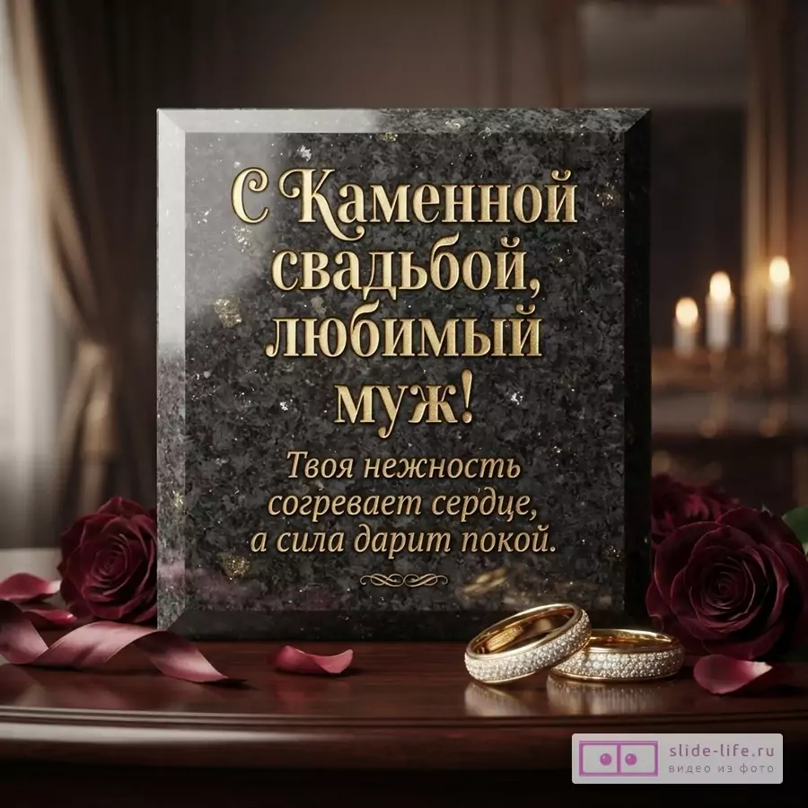 Открытка на черном фоне под мрамор с золотыми буквами, красные розы, обручальные кольца. Текст: «С Каменной свадьбой, любимый муж! Твоя нежность согревает сердце, а сила дарит покой.»