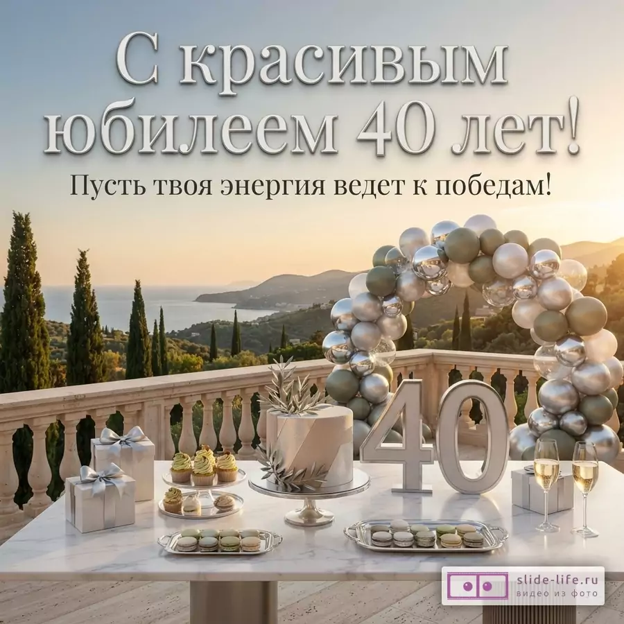 Открытка с видом на море и горы на закате, на переднем плане стол с праздничным тортом, кексами, макарунами, подарками и шампанским, а также цифры «40» и арка из шаров. Текст: «С красивым юбилеем 40 лет! Пусть твоя энергия ведет к победам!»
