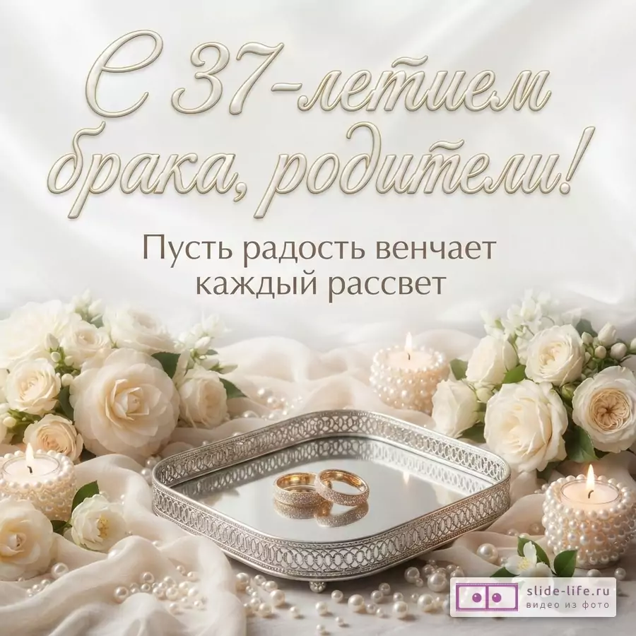 Белый фон, бежевая драпировка, белые розы, жемчуг, свечи, серебряный поднос, два золотых кольца. Текст: «С 37-летием брака, родители! Пусть радость венчает каждый рассвет»