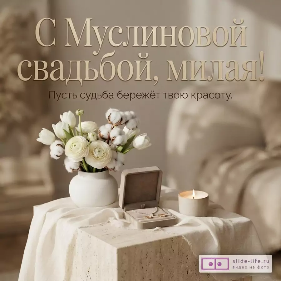 Бежевый фон, букет белых цветов и хлопка в вазе, открытая шкатулка с украшениями, свеча. Текст: «С Муслиновой свадьбой, милая! Пусть судьба бережёт твою красоту.»