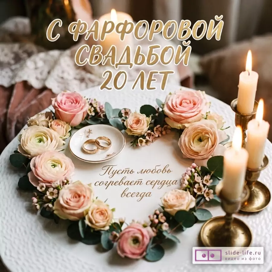 Бежево-кремовый фон, белая скатерть, розовые и кремовые розы с зеленью, фарфоровое блюдце с двумя кольцами, горящие свечи. Текст: «С фарфоровой свадьбой 20 лет», «Пусть любовь согревает сердца всегда»
