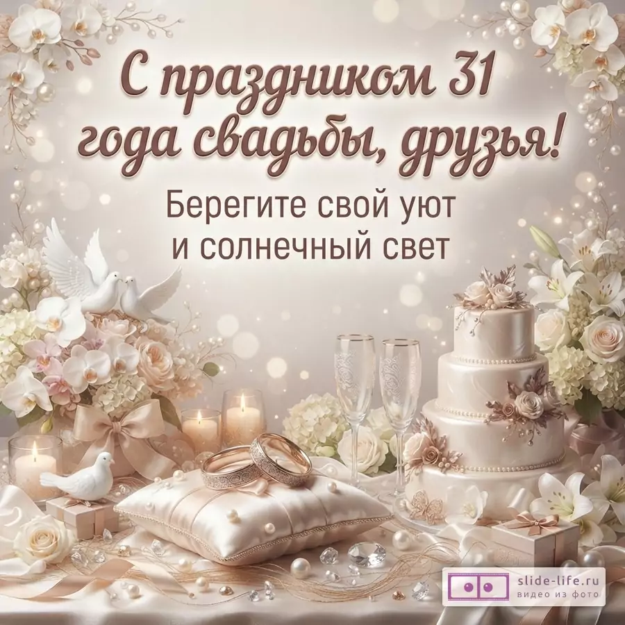 Бежевый фон, цветы, свечи, голуби, свадебный торт, бокалы, кольца. Текст «С праздником 31 года свадьбы, друзья! Берегите свой уют и солнечный свет»