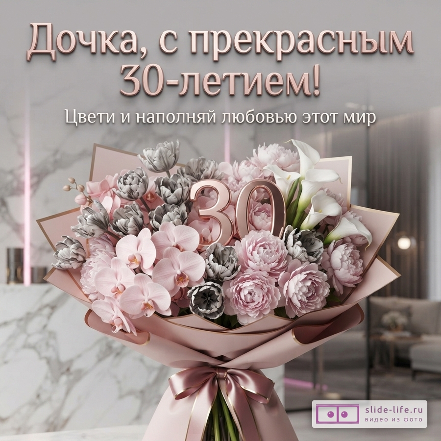 Пышный букет роз, орхидей и калл с золотой цифрой 30 в розовой обертке с надписью «Дочка, с прекрасным 30-летием! Цвети и наполняй любовью этот мир».